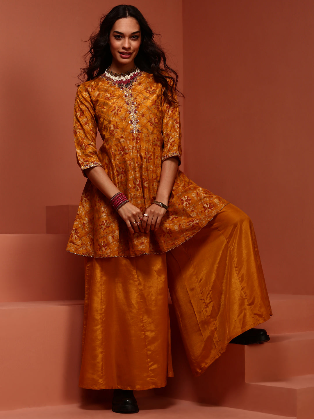 Mustard A Line Kurta Palazzo Set