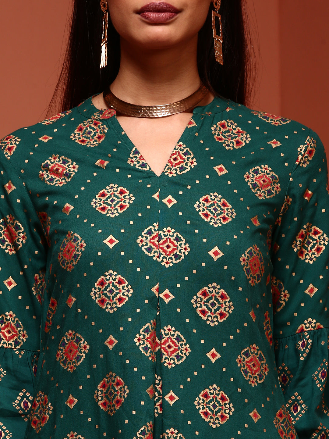 Green Printed A-line Kurta