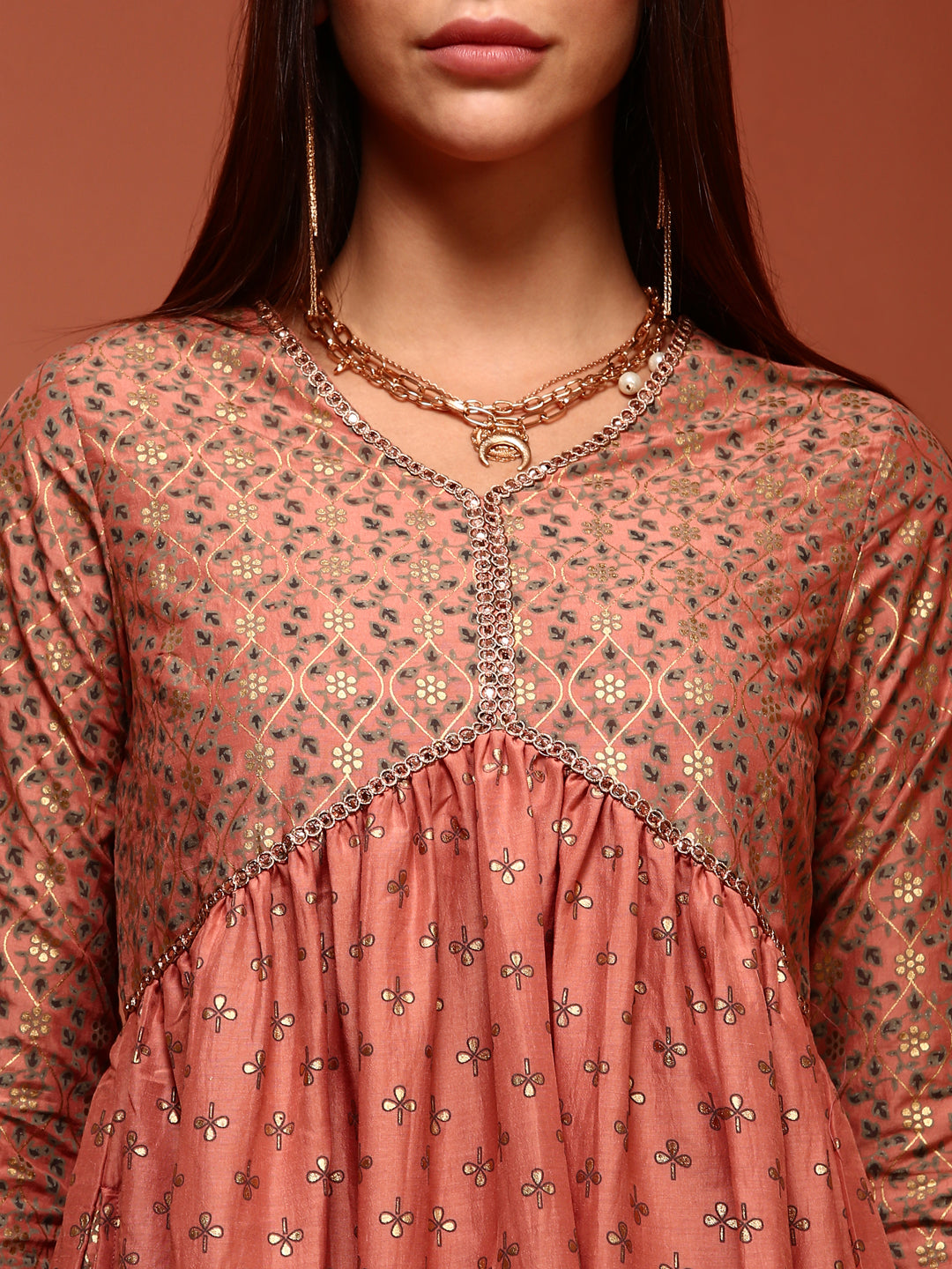 Peach Printed Gathered Kurta