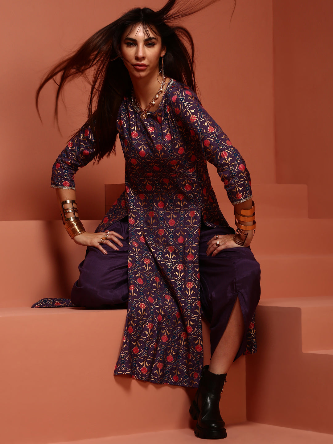 Violet Printed Kurta Dhoti Pant Set